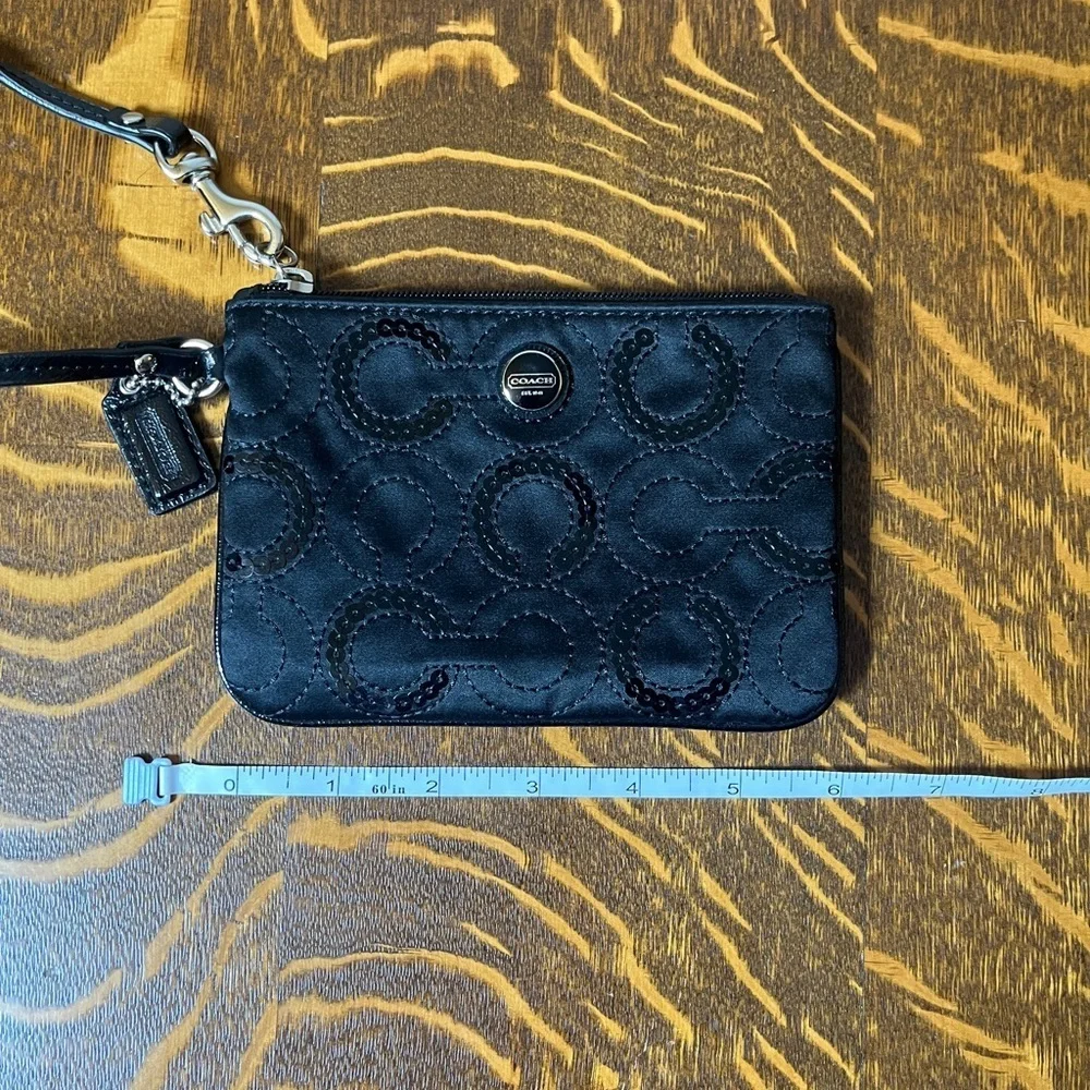 Coach Black Small Signature C Satin with Sequins Wristlet
